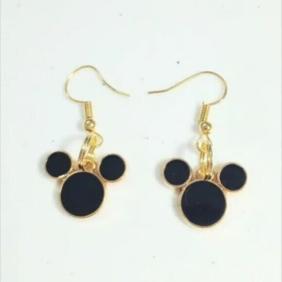 Disney Mickey Mouse Black Gold Tone Dangle Earrings New - Picture 1 of 3